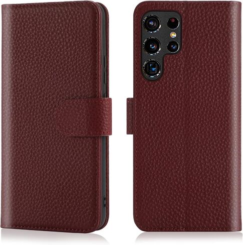 for Samsung Galaxy S22 Ultra 5G 6.8" Wallet Case,[RFID Blocking] Cowhide Genuine Leather Flip Folio Book Cover Credit Card Holder [Kickstand Function] (Wine Red) in Saudi Arabia