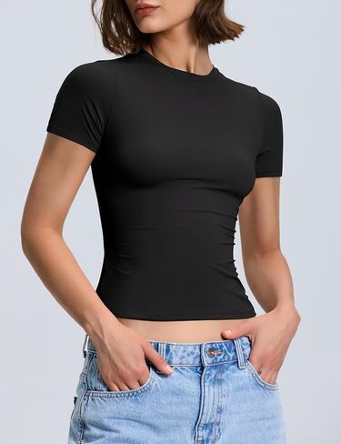 PrettyGuide Women's Double Lined Short Sleeve Fitted T Shirts Trendy Basic Y2K Going Out Tops in Kuwait