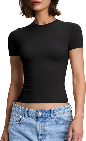 PrettyGuide Women's Double Lined Short Sleeve Fitted T Shirts Trendy Basic Y2K Going Out Tops in Kuwait