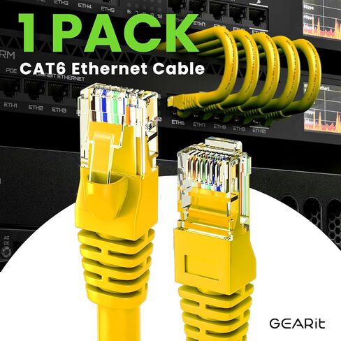 كابل GearIT RJ45 Cat 6 Ethernet للتلفزيون، المودم، ألعاب الكمبيوتر، 10 جيجابت في الثانية، موصلات مطلية بالذهب، بدون مشبك، كابل الشبكة، كابل الإنترنت، 20 قدم، أصفر in Saudi Arabia