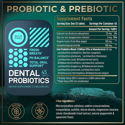 Oral Probiotics for Mouth Bad Breath - Dental Probiotics for Teeth and Gums - 3 Billion CFU Advanced Bad Breath Treatment for Mouth Health - 45 Prebiotic and Probiotic Lactobacillus Salivarius Tablets in Kuwait