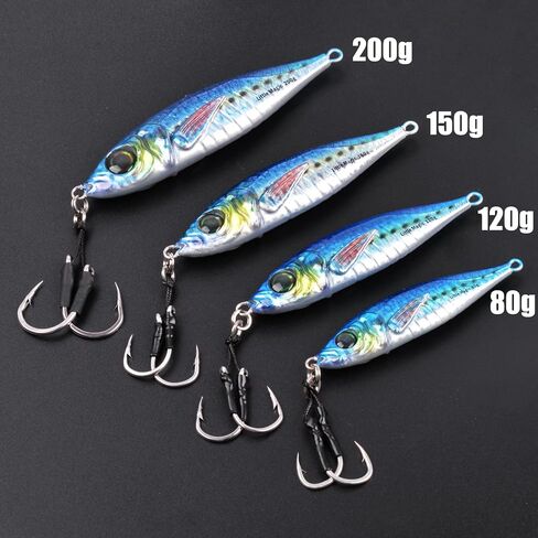 Slow Pitch Jigs 80g 120g 150g 200g Saltwater Fishing Lures 3D Colors Lead Fish Sinking Metal Jigs Jigging Lures with Butterfly Assist Hooks for Saltwater Sea Fishing Tuna Kingfish in Kuwait