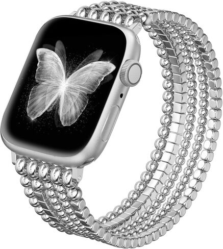 fastgo Silver Beaded Bracelet Band Compatible with Apple Watch Band 41mm/40mm/38mm/44mm/45mm/42mm/49mm Women, Dressy Elastic Stretchy Beaded Strap for Iwatch Series 9 Ultra 8 7 6 5 4 3 2 1 SE(Silver) in Saudi Arabia