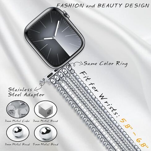 fastgo Silver Beaded Bracelet Band Compatible with Apple Watch Band 41mm/40mm/38mm/44mm/45mm/42mm/49mm Women, Dressy Elastic Stretchy Beaded Strap for Iwatch Series 9 Ultra 8 7 6 5 4 3 2 1 SE(Silver) in Saudi Arabia