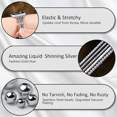 fastgo Silver Beaded Bracelet Band Compatible with Apple Watch Band 41mm/40mm/38mm/44mm/45mm/42mm/49mm Women, Dressy Elastic Stretchy Beaded Strap for Iwatch Series 9 Ultra 8 7 6 5 4 3 2 1 SE(Silver) in Saudi Arabia