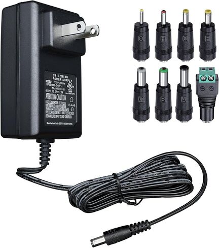 12V 2A 6ft Long AC Adapter Charger Replacement with 8 Tips, Regulated 12 Volts 2000mA Power Supply Cord for LED Strip Light, CCTV Camera, BT Speaker, GPS, Webcam, Router, DC12V Transformer-UL FCC in Saudi Arabia
