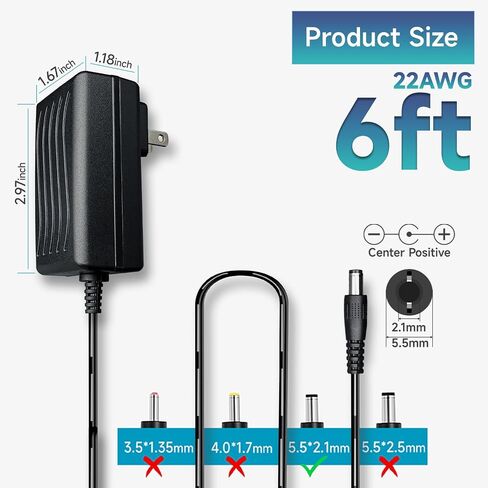 12V 2A 6ft Long AC Adapter Charger Replacement with 8 Tips, Regulated 12 Volts 2000mA Power Supply Cord for LED Strip Light, CCTV Camera, BT Speaker, GPS, Webcam, Router, DC12V Transformer-UL FCC in Saudi Arabia