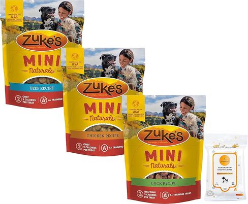 مجموعة متنوعة من Aurora Pet (3) مكافآت Zukes Mini Naturals الناعمة للكلاب (1) لحم البقر (1) الدجاج (1) البط [6 أوقية لكل منها] مع مناديل AuroraPet in Kuwait