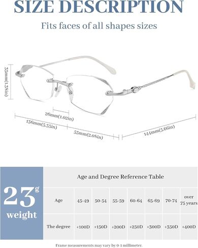 نظارات قراءة بدون إطار من LUFF للنساء، معدنية بدون إطار، حافة مقطوعة بالألماس، قارئات الكمبيوتر ذات الضوء الأزرق، مضادة لإجهاد العين in Kuwait