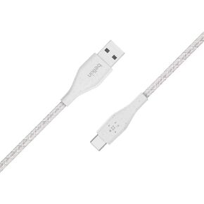 Belkin DuraTek Plus USB C to USB Cable - USB-A Cable W/Leather Strap - Ultra-Strong Charging Cable W/Flexible Insulation - Compatible W/iPads, Samsung Galaxy, Google Pixel & More - 4ft (White)