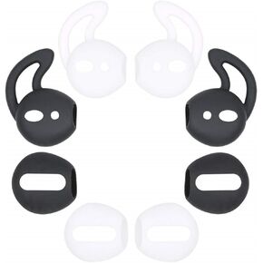 4 Pair Ear Tips Silicone Cover Compatible with AirPods, 2X Super Thin Eartips [Fit in Case] & 2X Anti-Drop Sports Ear Hook Gel [Protective & Great Noise-Isolation], White Black