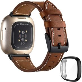 for Versa 3/Sense Bands Leather Women Men, Genuine Leather Sport Strap and TPU Slim Protective Case Compatible for Fitbit Sense/Versa 3 Smartwatch