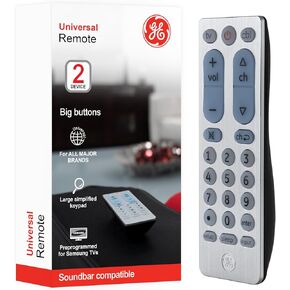 GE Big Button Universal Remote Control for Samsung, Vizio, Lg, Sony, Sharp, Roku, Apple TV, TCL, Panasonic, Smart TVs, Streaming Players, Blu-Ray, DVD, 2-Device, Silver, 33701
