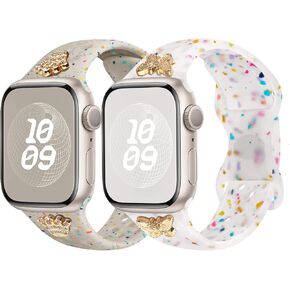 Sport Watch Bands with Charms Decor Compatible with Apple Watch Band 38mm 40mm 41mm 42mm 44mm 45mm 46mm 49mm Women Men, Breathable Silicone Strap for iWatch Series 10 9 8 7 6 5 4 3 2 1 SE Ultra