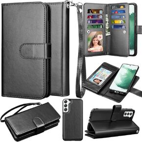 Takfox Wallet Case for Samsung Galaxy S22 Plus, Galaxy S22 Plus Case, PU Leather Credit Card Holder Phone Case [9 Card Slots] Folio Flip Detachable Magnetic Cover Kickstand & Carrying Strap-Wine Red