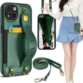 Tekcoo Compatible with iPhone 13 (6.1 inch) 2021 Wallet Case, Tekcoo PU Leather Wristlet Card Holder Slot Carrying [Removable Crossbody Strap] Purse Protective Back Cover Green