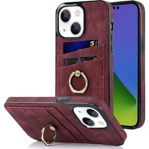 Bonitec for iPhone 14 Leather Case, iPhone 14 Wallet Case with Ring Stand Kickstand Shockproof Protective for Women Girls Card Holder Slot Stand Case for iPhone 14 5G 6.1 inches, Wine Red