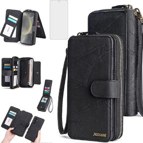Asuwish Phone Case for Samsung Galaxy S24 Plus S24+ 5G Zipper Wallet Detachable Cover with Screen Protector and Flip Folio Mirror Card Holder Slot Protective S24plus 24S + S 24 24+ Women Men Black