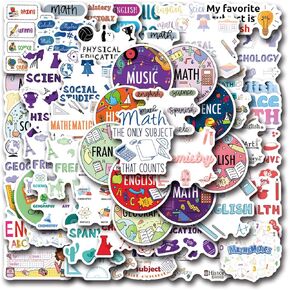 55pcs School Subject Stickers Pack, Music Histoire Physics Math Science Classroom Decor for School Teacher Student Sticker Decals for Laptop Water Bottle Notebook School Party Favors and Decor
