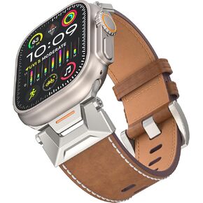 Leather Band Compatible with Apple Watch Ultra 2 Band 49mm, iwatch Ultra 2/1 Series 9/8/7/6/SE/5/4/3/2/1 45mm/44mm/42mm Rugged Stainless Steel Metal Connector Bracelet for Men Women