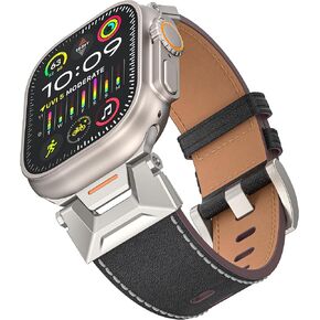 Leather Band Compatible with Apple Watch Ultra 2 Band 49mm, iwatch Ultra 2/1 Series 9/8/7/6/SE/5/4/3/2/1 45mm/44mm/42mm Rugged Stainless Steel Metal Connector Bracelet for Men Women