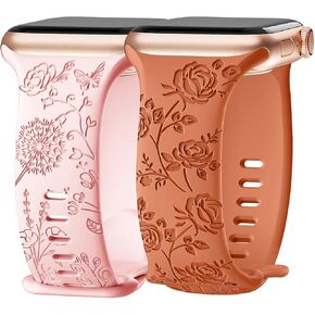 2 Pack Flower Engraved Bands Compatible with Apple Watch Band 40mm 38mm 41mm 42mm 44mm 45mm 49mm Women,Cute Wildflowers Floral Soft Silicone Sport Strap for iWatch Bands Series SE Ultra 8 7 6 5 4 3 2