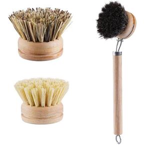 PROBUSINES-Kitchen Cleaning Brushes Wooden Dish Brush Long-Lasting Brush with 3 Replacement Heads Natural Horsehair Eco-Friendly Wood Dish Brush for Washing and Cleaning Pots and Pans