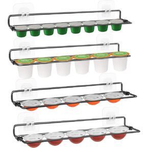 K Cup Holder, Wall Mount K Cups Holder, Adjustable for Any Brand Pod Storage Organizer with Adhesive Stickers Under Cabinets, Corner or Fridge-Black 4 Pack