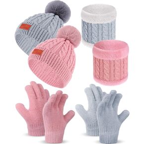 6 Pcs Kids Hat Scarf Gloves Set Girl Boy Pom Kid Winter Beanie Hat Mittens Gloves Neck Warmer Knitted Fleece Lining for 1T-5T