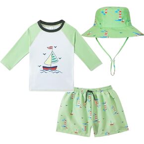 Toddlers and Baby Boys' 3-Piece Swimsuit Trunk and Rashguard Sun Hat Set