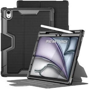 Poetic Explorer Case for iPad Air 11 inch M2 2024, Full Body Tough Stand Folio Cover with Pencil Holder, Built-in Screen Protector for iPad Air 6th/5th/4th Gen (11/10.9 Inch, 2024/2022/2020),Black