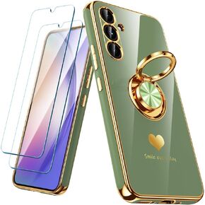 for Samsung Galaxy A54 5G Case with 2 Pack Screen Protector, 360° Rotatable Ring Holder [Luxury Hearts Pattern] Plating Gold Edge Slim Soft Phone Cover Case for Galaxy A54 - Purple