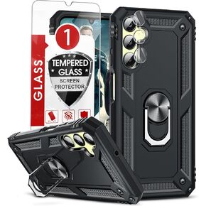 LeYi for Samsung Galaxy-A25-5G-Phone-Case: with Glass Screen Protector Camera Lens Protector, Dual Layer Heavy Duty Protective Android Cell Case Cover with Magnetic Ring Stand Samsung A25 5G, Black