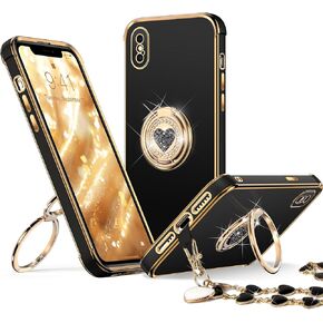 XYZ for iPhone Xs Max Case with Stand, Phone Case with Double Ring Kickstand, Women Girl Cute Love-Heart Luxury Bling Protective Case Heart for iPhone Xs Max(6.5 inch), Black
