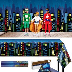 Buryeah Hero Party Decoration Cityscape Tablecloth Backdrop Roll 4.5x100 ft City Skyline Building Backdrop Plastic Cityscape Tablecloths for Hero Birthday Party Baby Shower Decor Supplies