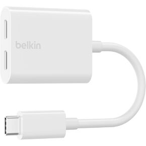 Belkin Rockstar USB-C محول الصوت + الشحن، محول سماعة الرأس مع USB-C 60 واط توصيل الطاقة شحن سريع لأجهزة iPhone، iPad Pro، Galaxy، Note، Google Pixel، LG G6، Sony Xperia، OnePlus، والمزيد - أبيض
