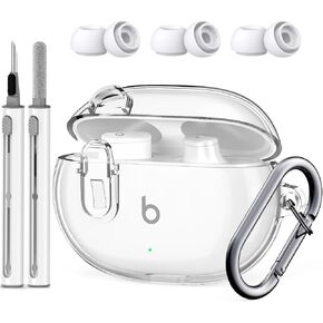 Beats Studio Buds/Studio Buds Plus Case Cover Clear 2021/2023 with Key Fob and Earbud Cleaning Kit, Secure Lock Protective Case Cover for New Beats Studio Buds+ Earbuds Case (Clear Black)