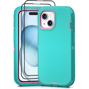 for iPhone 15 Case with Belt Clip and 2 Pack Screen Protector - Heavy Duty Shockproof Military Grade Drop Protective Full Body Rugged Dust-Proof Cover(BlackBlue+Clip) in Saudi Arabia