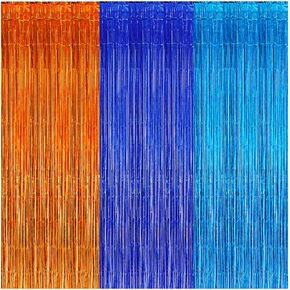 Blue and Orange Foil Fringe Curtains, Blue Orange Dog Birthday Party Supplies Blue Orange and Light Blue Streamer Backdrop Tinsel Photo Booth Prop for Blue Orange Dog Party Decoration (3Pack)