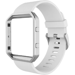 Simpeak Sport Band Compatible with Fitbit Blaze Smartwatch Sport Fitness, Silicone Wrist Band with Meatl Frame Replacement for Fitbit Blaze Men Women, Small, White Band+Silver Frame