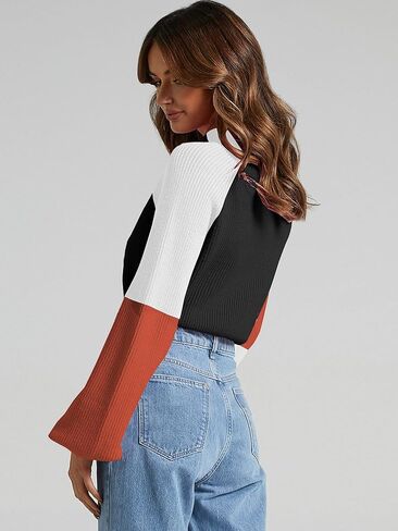 ZAFUL Women's Mock Neck Color Block Sweaters Knitted Pullover Jumper Tops Casual Lantern Sleeve Cropped Sweater in Kuwait