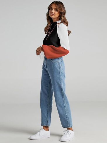 ZAFUL Women's Mock Neck Color Block Sweaters Knitted Pullover Jumper Tops Casual Lantern Sleeve Cropped Sweater in Kuwait