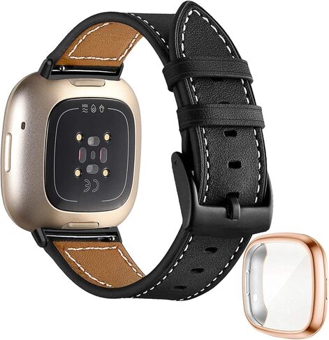 لـ Versa 3/Sense Bands جلد النساء والرجال، حزام رياضي من الجلد الطبيعي وحافظة واقية نحيفة من مادة TPU متوافقة مع ساعة Fitbit Sense/Versa 3 الذكية in Kuwait