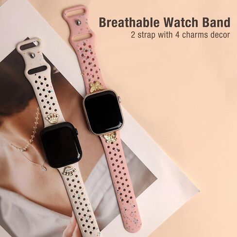 Sport Watch Bands with Charms Decor Compatible with Apple Watch Band 38mm 40mm 41mm 42mm 44mm 45mm 46mm 49mm Women Men, Breathable Silicone Strap for iWatch Series 10 9 8 7 6 5 4 3 2 1 SE Ultra in Saudi Arabia