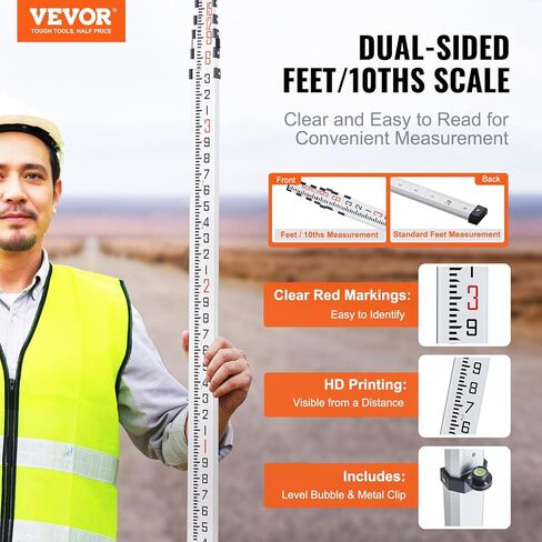 قضيب قياس من الألومنيوم VEVOR، 9 أقدام/8 أقسام 3 أقسام، قضيب قياس تلسكوبي، مقياس مزدوج الجوانب 1/8 بوصة عصا قضيب التسوية، قضيب مسح من سبائك الألومنيوم مع مستوى الفقاعات وحقيبة حمل للمنازل والجدران والأرضيات in Kuwait