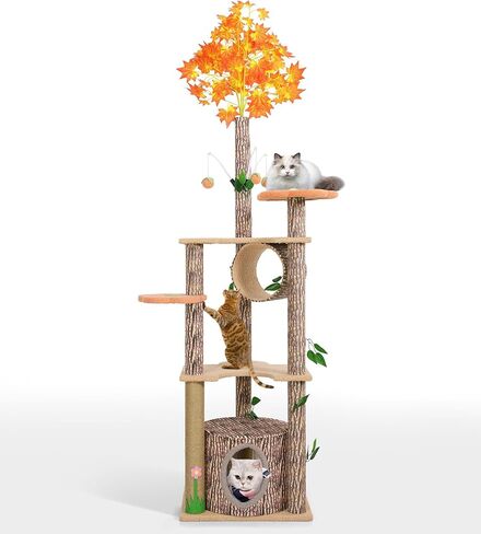 شجرة القط لاكي مونيه مع أوراق للقطط الداخلية، 61 بوصة برج شجرة القط الفريد تحت عنوان الغابة، شجرة نشاط القطط الممتعة مع عمود خدش، شقة، منصة زهرة in Kuwait