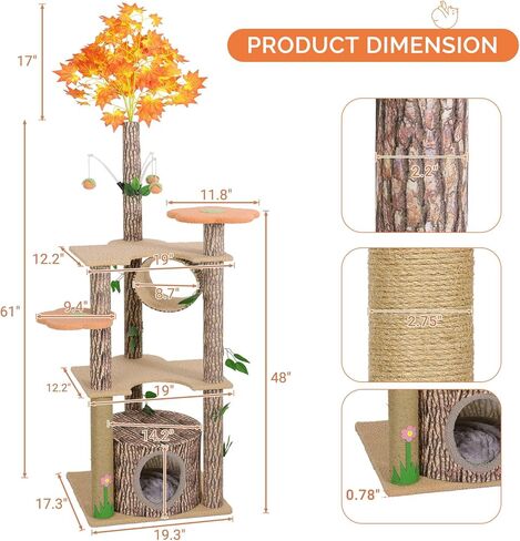 شجرة القط لاكي مونيه مع أوراق للقطط الداخلية، 61 بوصة برج شجرة القط الفريد تحت عنوان الغابة، شجرة نشاط القطط الممتعة مع عمود خدش، شقة، منصة زهرة in Kuwait