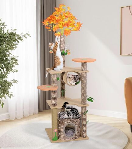 شجرة القط لاكي مونيه مع أوراق للقطط الداخلية، 61 بوصة برج شجرة القط الفريد تحت عنوان الغابة، شجرة نشاط القطط الممتعة مع عمود خدش، شقة، منصة زهرة in Kuwait