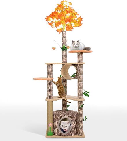 شجرة القط لاكي مونيه مع أوراق للقطط الداخلية، 61 بوصة برج شجرة القط الفريد تحت عنوان الغابة، شجرة نشاط القطط الممتعة مع عمود خدش، شقة، منصة زهرة in Kuwait