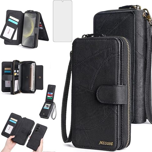 Asuwish Phone Case for Samsung Galaxy S24 Plus S24+ 5G Zipper Wallet Detachable Cover with Screen Protector and Flip Folio Mirror Card Holder Slot Protective S24plus 24S + S 24 24+ Women Men Black in Saudi Arabia